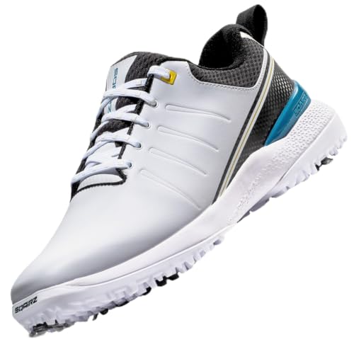 SQAIRZ SPEED2 LT Mens Golf Shoes, Designed for Balance & Performance, Replaceable Spiked Waterproof Golf Shoes Mens, White/Black/Teal LT, 13