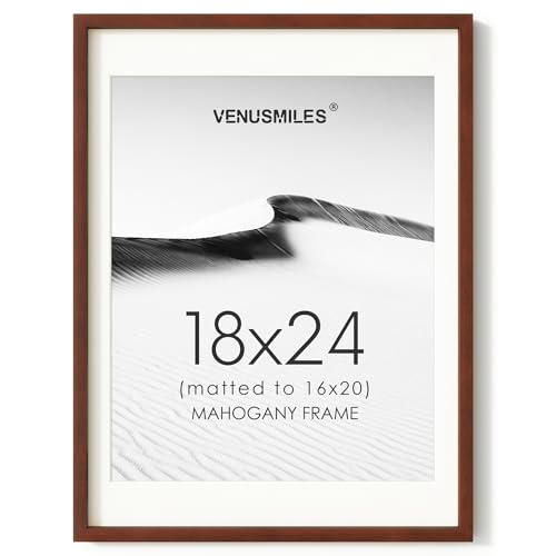 Image of 18x24 Poster Frame, USA-Sourced Natural Mahogany Wood Picture Collage Frame with HD Tempered Glass, Modern Simple 18 x 24 Wooden Photo Frame Matted to 16x20, Vertical & Horizontal Wall Hanging Display