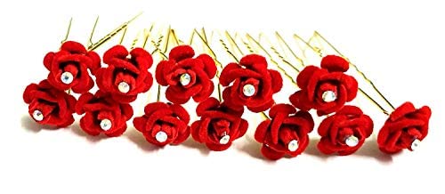 Drishti Hair Bun Pin Fancy Rose Juda Pins With Crystal Rhinestone For Women And Girls,Red 1 Box Set Of 12 Pin 1