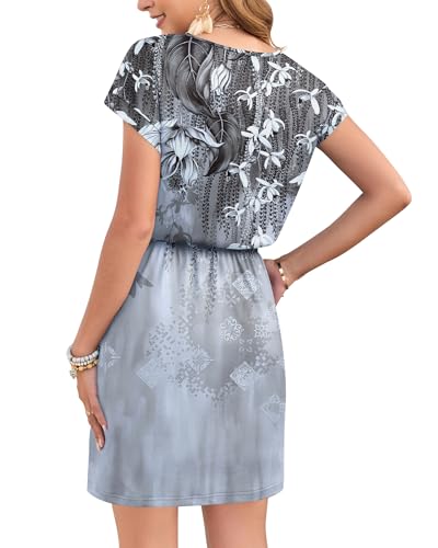 Image of AUSELILY Womens Summer Mini Dress, Short Sleeve V Neck Drawstring Casual | Soft smooth drape with an adjustable drawstring waist for beach, casual outings and daily wear