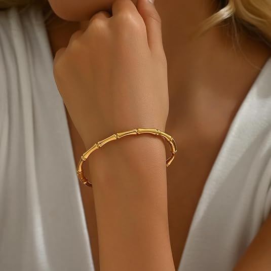 Image of Bamboo Pattern Bracelet for Women | Premium Gold Plated Cuff Bracelet | Minimalist Designer Jewellery for Daily & Party | Gift for Her