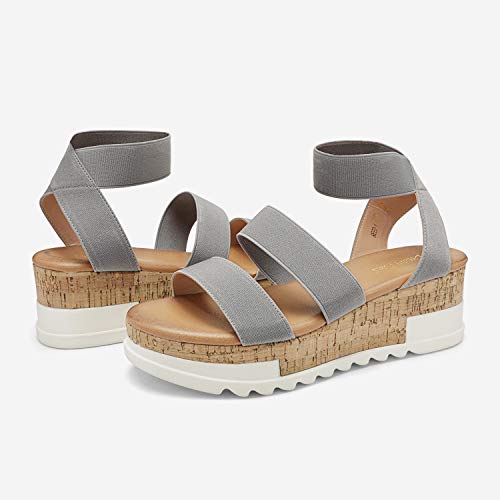 DREAM PAIRS DREAM PAIRS Women's Open Toe Elastic Ankle Strap Casual Flatform Platform Wedges Sandals,Size 11,Grey,REED-1