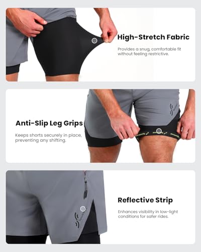 Sportneer Bike Shorts for Men - 3D Padded Lightweight MTB Fit Riding Biking Bicycle Biker Shorts with Zipper Pockets Grey