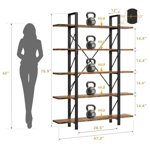 DWVO 5 Tier Bookshelf, 70.9" H Tall Bookcase Industrial Book Shelf Vintage Storage Organizer, Free Standing Storage Shelving Unit for Living Room, Bedroom, Home Office, Rustic Brown