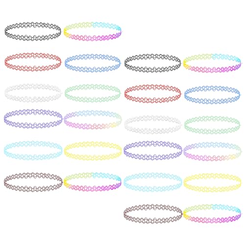 24 Pièces Ensemble Collier Élastique Multicolore, Collier Tatouage Ras Du Cou Colliers de Tatouage Élastique Réglable Ras Tatouages Dentelle Tour de Cou Colliers du...