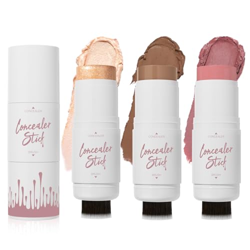 3PCS Contour Stick, Rubor Resaltador en Barra, Contorno e Iluminador en Crema with Cepillar, Doble Cabeza Highlighter Blush Stick, Barra de Maquillaje Multifuncional, Apto para Cualquier Tipo de Piel