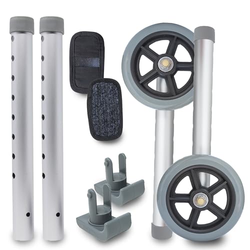 8 PCS Universal Walker Upgrade Kit: 5-Inch Wheels, Aluminum Legs, Click & Go Ski Glides and GlidePads (Gray)