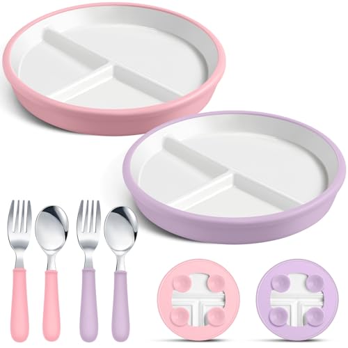 Image of Teenyyou 2 Pack 8" Large Porcelain Toddler Plates Feeding Set, Ceramic Kids Suction Plates with Anti Slip Silicone Sleeve for Baby 3 Spoons and Forks Divided Kids (Pink,Purple)
