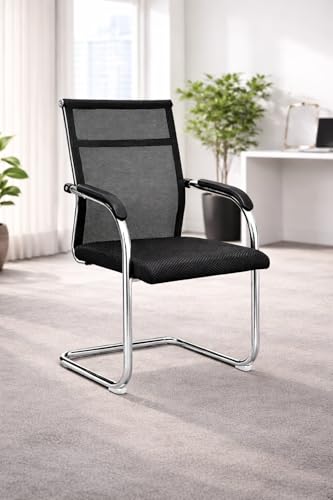 Image of TOBY Cantilever Office Visitor Chair | Breathable Mesh Back & Padded Seat | Conference & Reception Chairs with Armrests | Sturdy Chrome Frame, Non-Slip Feet Set of 2
