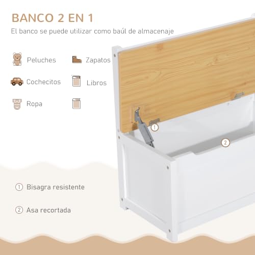 Miniatura 6 de Homcom Mesa Y Sillas Infantiles De 4 Piezas Mesa Infantil Con 2 Sillas Y Banco Con Almacenaje Juego De Muebles Para Actividades Para Niños De 3 Años Para Dormitorio Sala De Juegos Blanco Y Natural