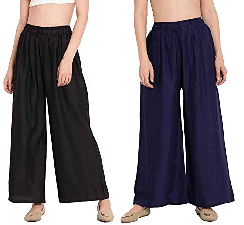 PP NEXTWomen's Rayon Loose Fit Flared Wide Leg Palazzo Pants Soft Plain Design with Elastic | 7 Colour Shades (Free Size 28 to 36) | (Pack of 2)