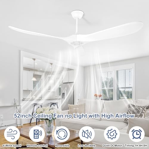 Image of Solid Wood Ceiling Fans no Light, Ceiling Fan with Remote Control,DC Motor with Large Airflow,Indoor and Outdoor Ceiling Fan for Living Room,Bedroom,Patios(White,52 Inch)