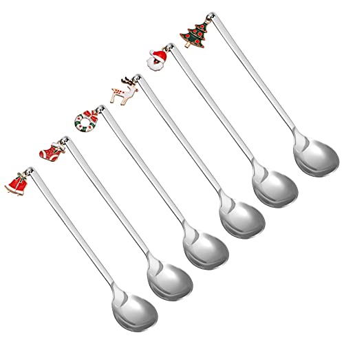 Cabilock Christmas Spoon Box Set with Santa Claus Pendant Stainless Steel Mixing Spoons for Xmas Party