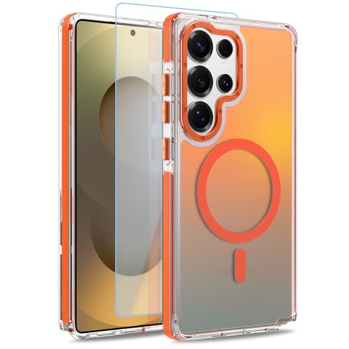 Image of Magnetic Case for Samsung Galaxy S25 Ultra [Compatible with Magsafe] [Cute Fashion Fluorescent Design] [1 Screen Protector] Slim Translucent Matte Case for Galaxy S25 Ultra 6.9 inch, Orange
