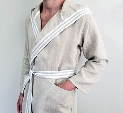 Pure Linen Hooded Bathrobe, Moisture Wicking & Lightweight, Natural Grey, S/M2