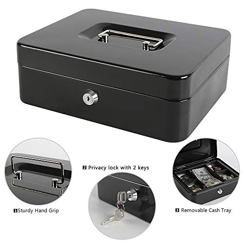 Xydled Locking Steel Large Cash Box With Removable Coin Tray And Key Lock,9.84"X 7.87"X 3.54",Black #TOP6