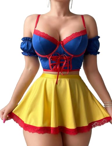 Cosplay-Dessous für Damen, sexy Rollenspiel-Kostüme, Prinzessinnen-Outfits mit Krawatte Crop Top und Mini-Faltenrock, Sets 5-teilig, Blaues Oberteil...