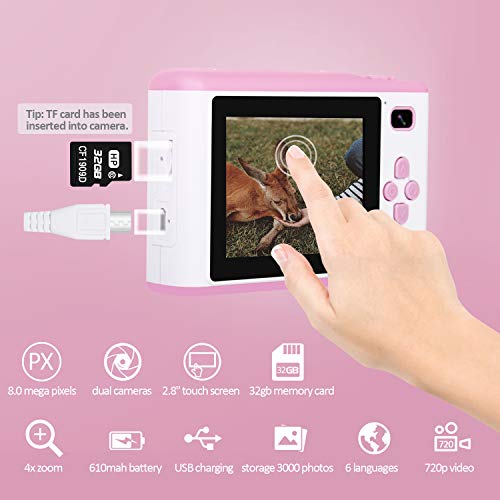 Kids Camera, 8.0MP Digital Dual Camera Rechargeable Shockproof Camcorder Camera with 2.8 Inch Touch Screen,32GB SD Card Included, Ideal Toy for 3-12 Years Old Girls Boys Party Outdoor(Pink)