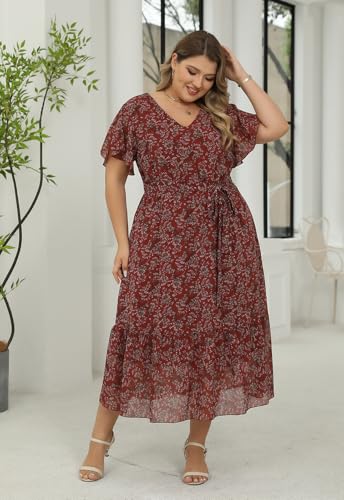 Image of Nemidor Plus Size Women Casual Maxi Dresses Print Bobo Belted Layered Chiffon Summer Long Dress with Ruffle Sleeve