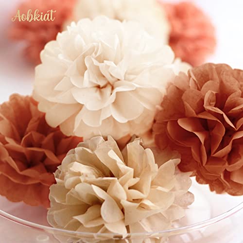 Image of AOBKIAT Fall Wedding Baby Shower Decorations Boho Style,15PCS | for Birthday Hanging Backdrop,Retro Bridal Shower,Halloween,Thanksgiving,with Brown Orange Peach Paper Pom Poms,Party Garland
