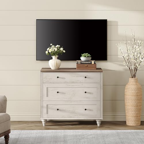 Image of WAMPAT Baby Dresser for Bedroom with 3 Drawers, Kids Dressers with Wide Chest of Drawers, Farmhouse Wooden Closet Storage Organizer, Small Dressers for Living Room, Nursery, Hallway, Rustic White