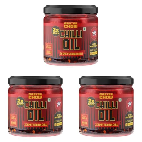 Image of MasterChow 2X Spicy Sichuan Chilli Oil (170g) | Extra Hot | Made with Sichuan Peppercorns, Crunchy Garlic & Red Chillies | All Purpose Condiment | Eat With Momos, Pizza, Noodles (Pack of 3)