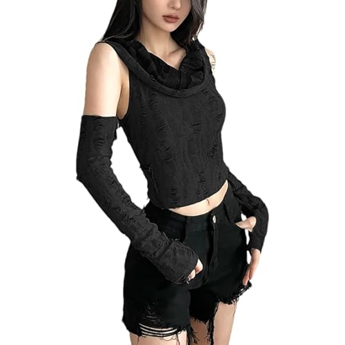 QJK Blusa con capucha y hombros descubiertos, ombliguera ajustada con mangas góticas, Negro, S