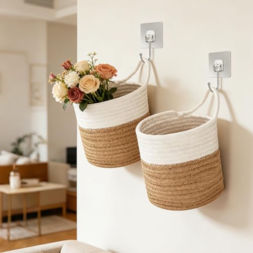 Hängekorb, 2 Stück Wandkörbe Baumwollseilflechten Aufbewahrungskörbe Mit Griff Hängekörbe Korb zum Aufhängen Körbchen Klein für Küche Bad Wohnzimmer Schlafzimmer (Bräunlich Weiß)