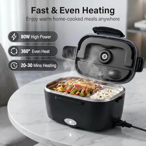 Image of Electric Lunch Box for Adults - 80W Fast Heating, Dual 1.5L 304 Stainless Steel Containers, 12V /24V /110V Portable Food Warmer with Leak-Proof Design for Car, Truck, Office & Travel