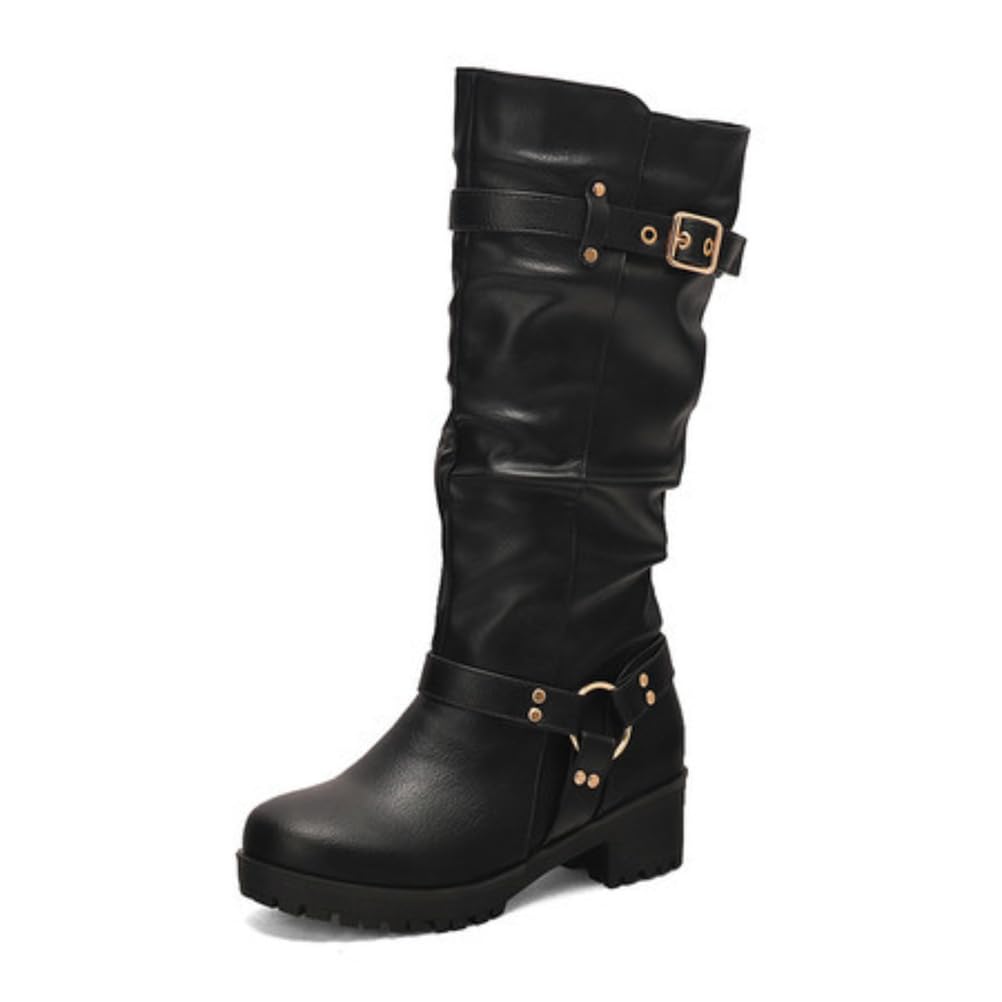 Womens Chic Knee-High Riding Boots Buckle Detail Chunky Block Heel Round Toe Cushioned Insole Non-Slip Outsole Casual Daily