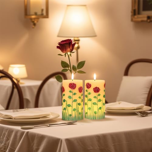 Image of Roses Flower Flameless Candles Battery Operated with 6 Hour Timer 3D Wick Flickering LED Pillar Candles Real Wax Hand-Painted Dinner Christmas Holiday Decor(2 Pack, 3 inch D x 6.5 inch H)