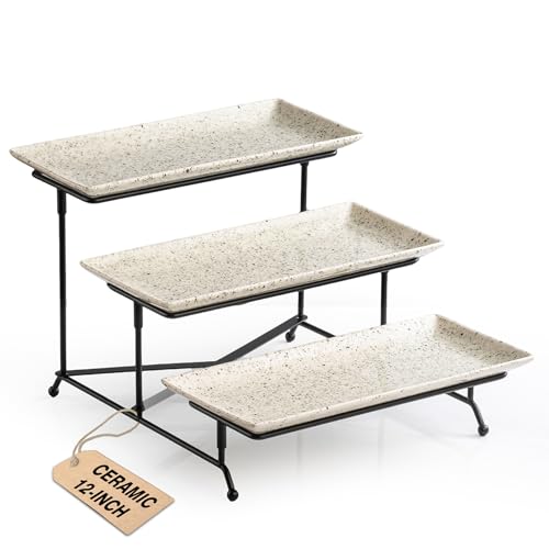 LAUCHUH 3 Tier Serving Tray, Porcelain Serving Platters and Trays for Party 12 Inch Tiered Tray Stand Cupcake Stand with Collapsible Sturdier Rack for Serving Food, Speckled Glaze 12 Inch Sp