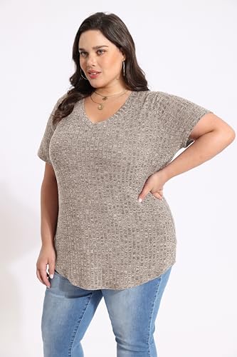 CARCOS Plus Size Tops for Women Short Sleeve Shirts Basic V Neck Summer Tshirts Casual Tunics XL-5XL4