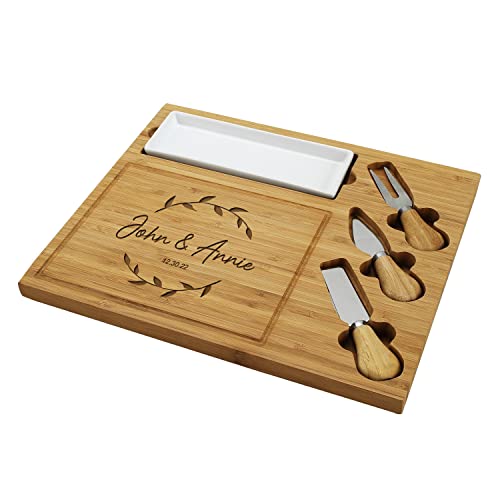 Personalized Engraved Bamboo Cutting Board for Cheese & Charcuterie with Ceramic Dish, Knife Set & Cheese Markers -Designed & Quality Checked by Picnic at Ascot USA