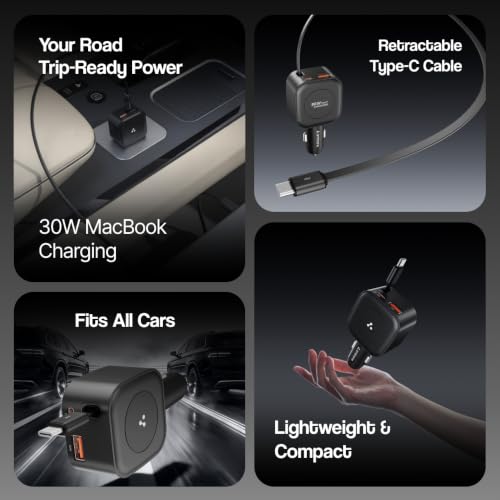Image of Ambrane 96W Car Charger with InBuilt Retractable Cable, 3-in-1 Car Charger, 33W Type C PD, 30W USB For iPhone, Macbook Air, Android, Earbuds, Other Devices, PD & PPS Fast Charging (Charge CR96, Black)