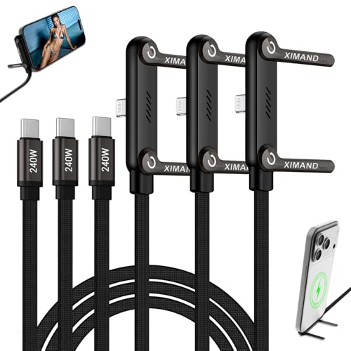 Image of Invisible Holder Charger Cable, 240W USB C to Lightning Cable 1.5M /4.9FT Braided Fast Charging Cord, 90 degree Connector & 360 Adjustable Stand for iphone, Gaming, Home, Office, Black, 3 PACK