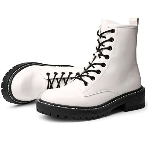 ICHIGO Women’s Fashion Ankle Booties Causal 8-Eye Side Zipper Lace-up Combat Boots(White 6)