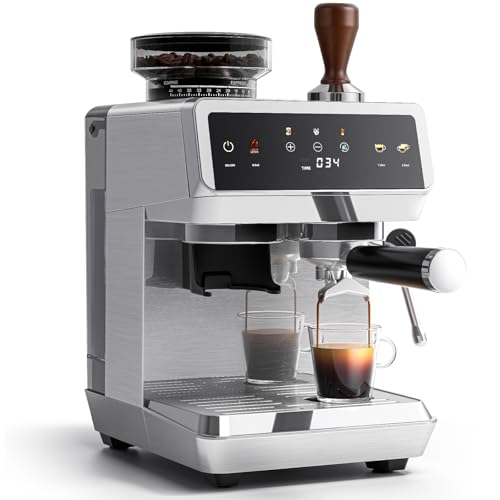 AMZCHEF Cafetera Espresso con Molinillo Integrado 20 Bares – Máquina de Café con 44 Ajustes de Molienda，Vaporizador de Leche, 4 Temperaturas, Función Café Frío, Acero Inoxidable