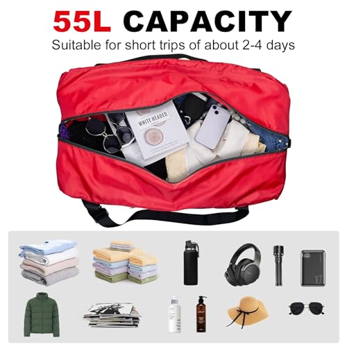 Image of HOLYLUCK Foldable Travel Duffel Bag For Women & Men Luggage Great for Gym -55L, Red