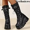 Gothniero Women Black Platform Goth Boots Mid Calf with Heel Knee High Boots Winter Chunky Heel Punk Rave Boots Girls Lace Up Combat Booties Size 5.5-11
