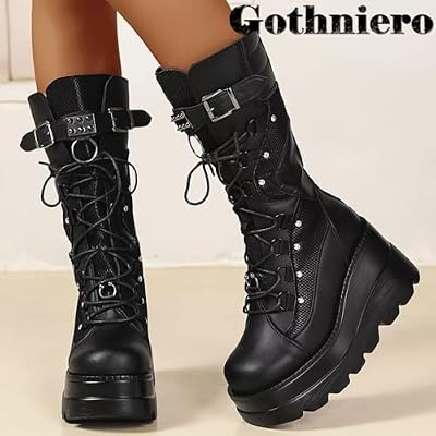 Gothniero Women Black Platform Goth Boots Mid Calf with Heel Knee High Boots Winter Chunky Heel Punk Rave Boots Girls Lace Up Combat Booties Size 5.5-11