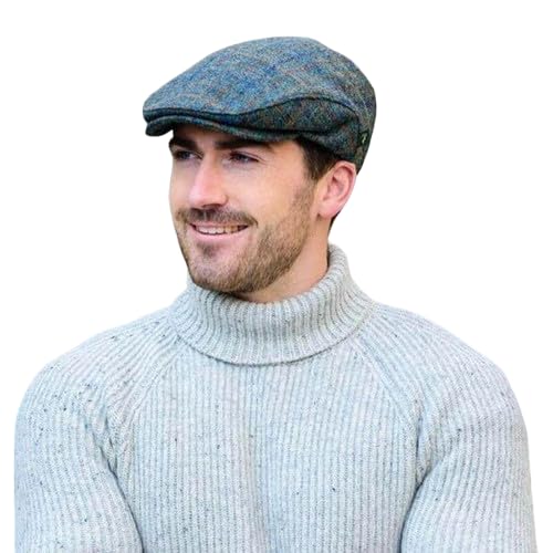 Mucros Weavers Men's Irish Trinity Flat Cap Driving Cap Made in Ireland (Col 782 Plaid Hunter Green, Large)