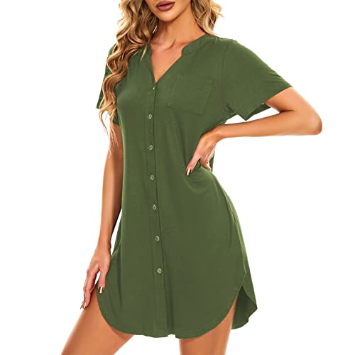 Womens Nightgown Sexy V Neck Button Down Sleep Dress Short Sleeve Night Shirt Sleepwear Maternity Pajamas Army Green L #TOP3