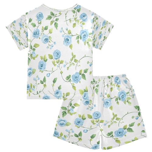 senya Short Sleeve Pajamas Sets Summer Cotton Sleepwear Blue Rose Green Leaves2