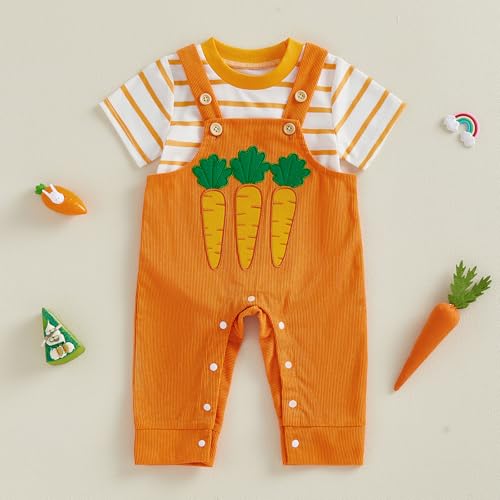Image of Bay Boy Easter Outfit Newborn Striped Bodysuit Bunny Carrot Overalls Pants Set Infnat Cute Spring Summer Clothes
