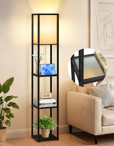 OUTON Floor Lamp with Glass Shelves, 12W LED Bulb, Large Storage Display Wood Shelf Lamp 3 Color...