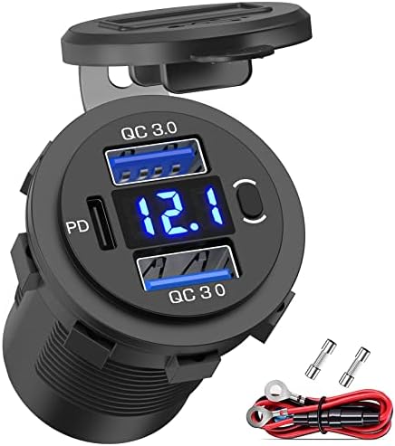 12V USB Outlet Qidoe Dual 18W Quick Charge 3.0 Port & 20W PD 12V USB C Car Charger Socket with Voltmeter and Power Switch, Waterproof Multiple Car USB Port Adapter for Car Boat Marine Truck Golf RV