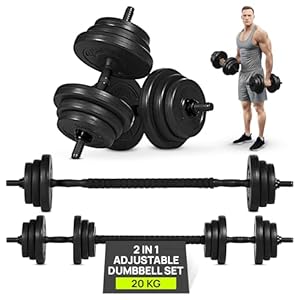 Gallant 20kg Adjustable Dumbbells Set, 2 in 1 Dumbells and Barbell Hand Free Weights Set Strength Training Lifting Body Building, Fitness Exercise Equipment For Home Gym, Ideal Men Women Black