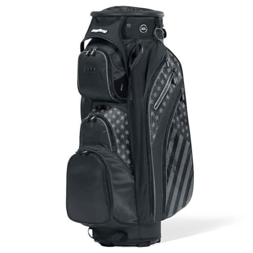Bag Boy Revolver XP Golf Cart Bag, 14 Way 360⁰ Rotating Top with Full Length Individual Dividers, External Putter Tube, 9 Pockets, Black/Stars and Stripes