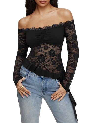 REORIA Lace Tops for Women Off Shoulder Lace Trim Crop Tops Ruffle Hem Long Sleeve Tops Black Onyx Medium
